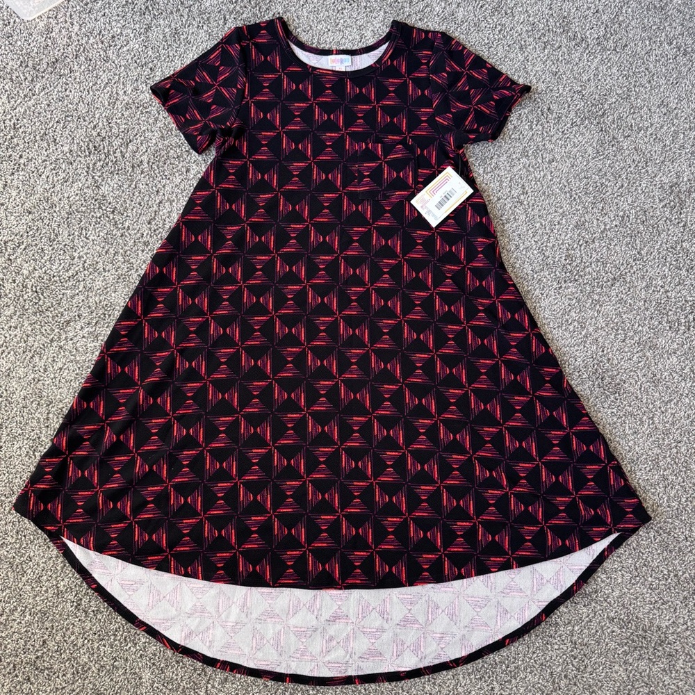 New NWT LuLaRoe Carly Swing Dress Size XS Black Orange Purple Geometric Pattern